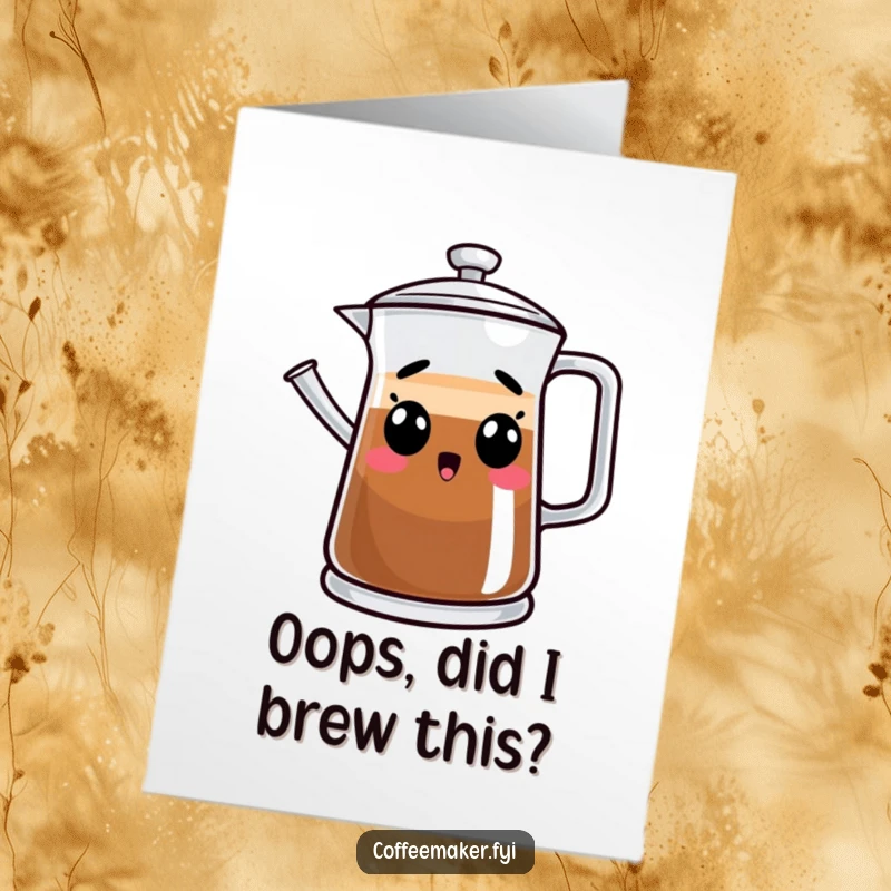 Funny Free Printable birthday card featuring a bubbling coffee pot character with a wide-eyed, surprised expression, perfect for a coffee lover.