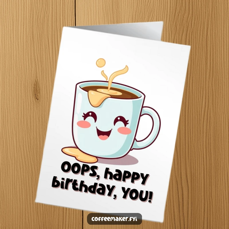 Funny Free Printable birthday card with a cheerful coffee mug character comically spilling its contents.