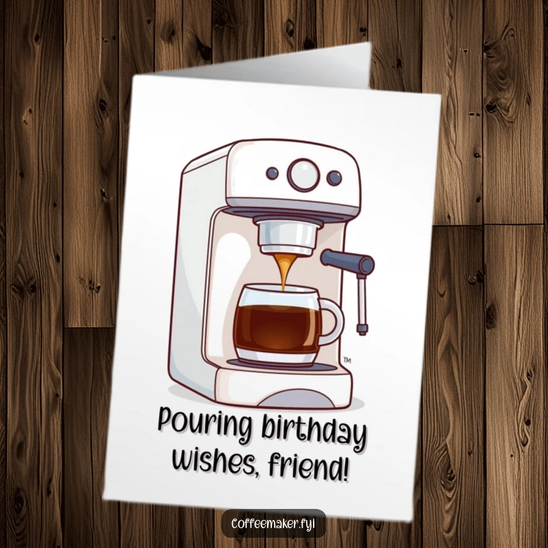 Funny Free Printable Birthday Card: A coffee maker machine proudly dispenses a perfect stream of brewed coffee.