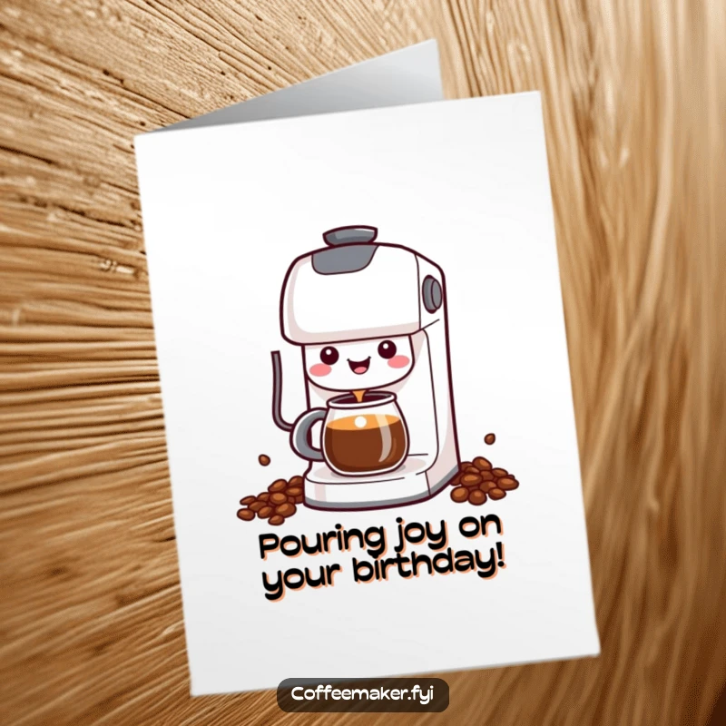 Funny Free Printable Happy Birthday Card of a cheerful kawaii coffee maker happily dispensing a stream of delicious coffee.