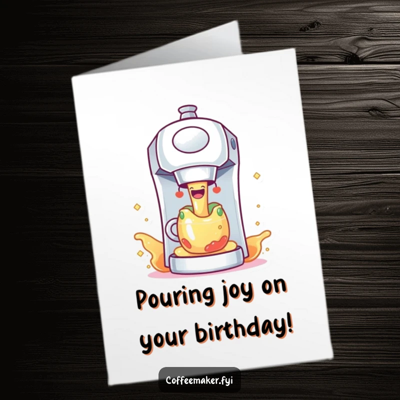 Free Printable Birthday Card: A happy coffee maker character showering colorful, sparkling liquid, perfect for a joyful celebration.
