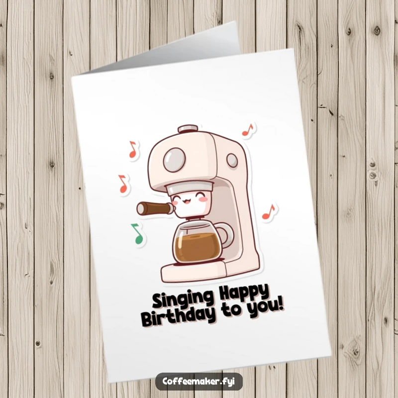 Funny free printable birthday card: A coffee maker character jamming out with cheerful, dancing musical notes floating around it.
