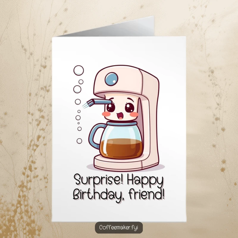Funny Free Printable Birthday Card: A surprised coffee maker sprays a stream of whimsical bubbles from its spout.