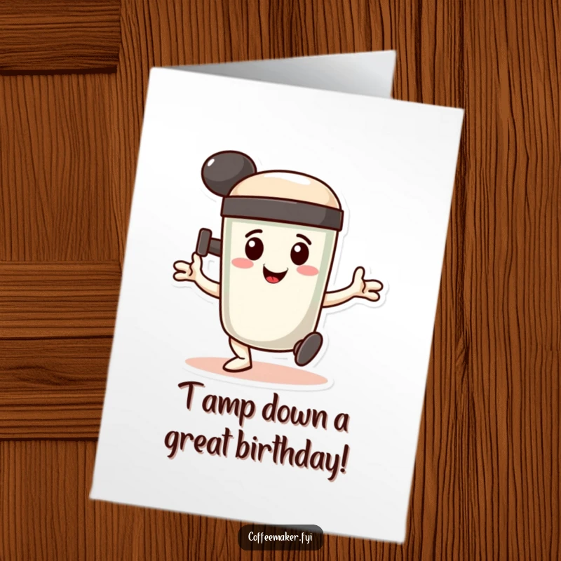 Funny Free Printable Birthday Card: A smiling coffee tamper character performs a determined, stamping dance.