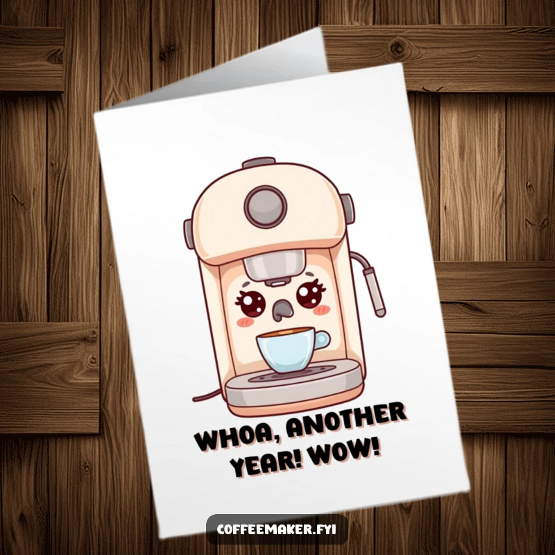 Funny Free Printable Birthday Card of a surprised kawaii espresso machine with wide eyes, perfect for a coffee lover's surprise.