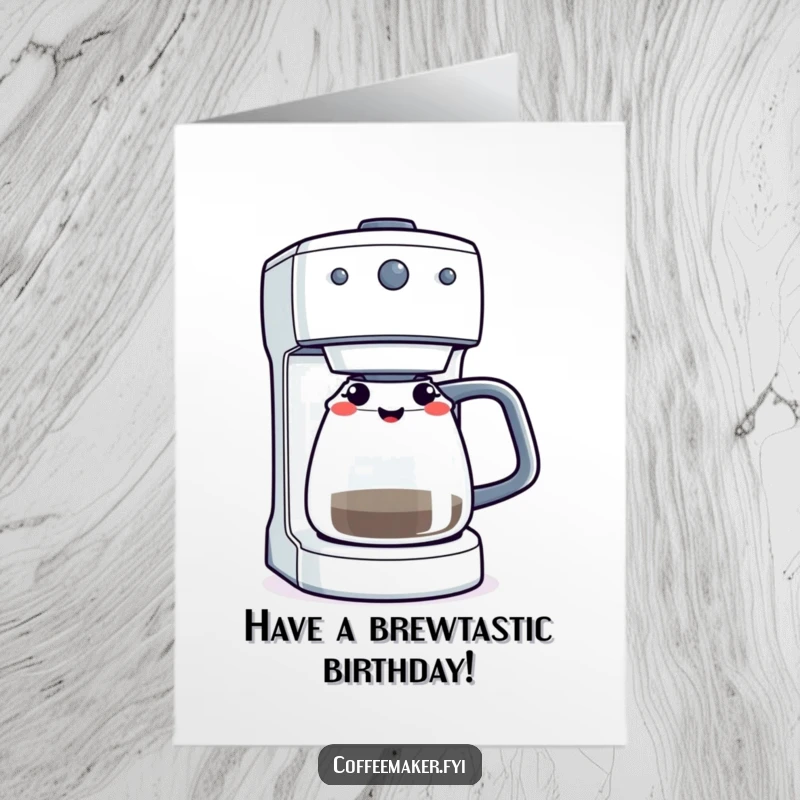 Funny Free Printable Birthday Card: A coffee maker winks with its glowing brewing light, sharing birthday cheer.