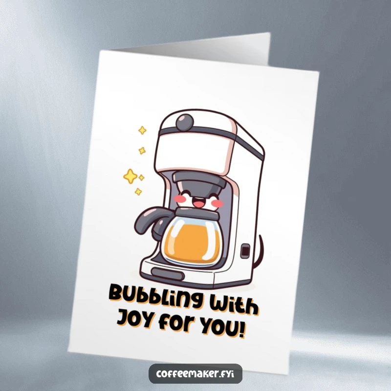 Funny Free Printable Congratulations Card showing a kawaii coffee maker character bubbling happily, celebrating an accomplishment.
