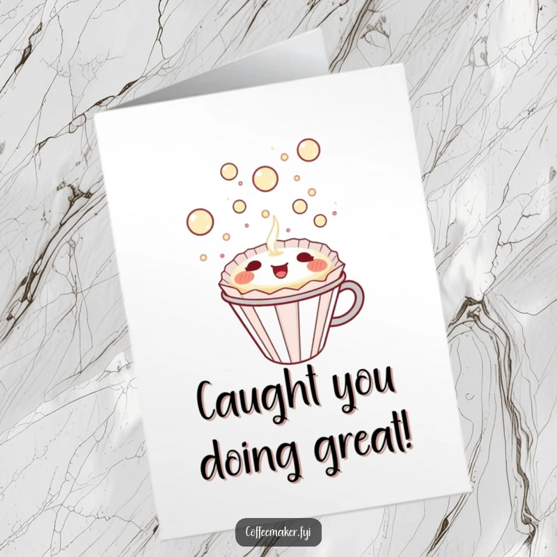 Funny Free Printable Congrats Card of a kawaii coffee filter happily catching a bubbly delight, celebrating achievements with charm.