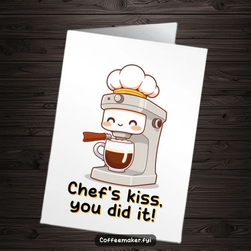 Funny Free Printable Congratulations Card: Coffee maker character as a chef presenting a fancy, gourmet coffee.