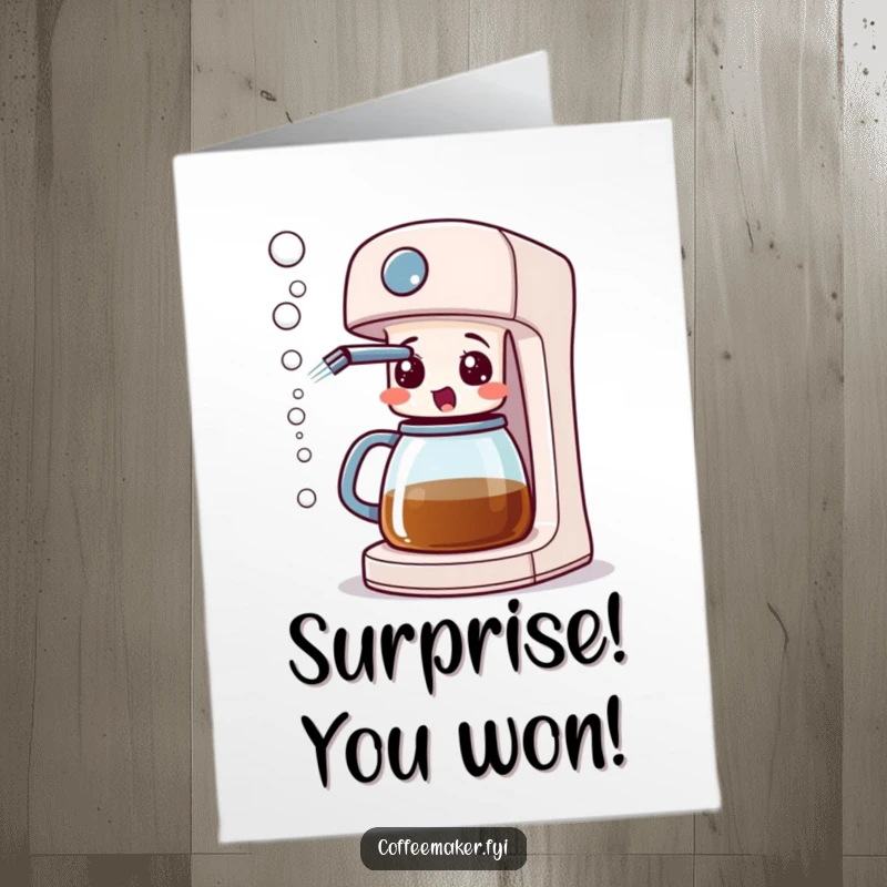 Funny Free Printable Congratulations Card: A surprised coffee maker machine joyfully sprays bubbles from its spout.