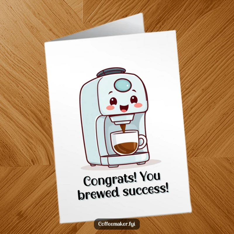 Funny Free Printable Congratulations Card: A friendly coffee maker with a grin pours coffee, celebrating your big win.