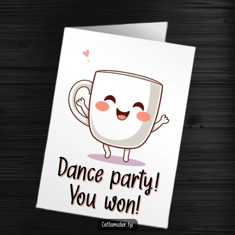 Funny Free Printable Congratulations Card showing a kawaii coffee mug happily dancing, celebrating a triumphant moment.