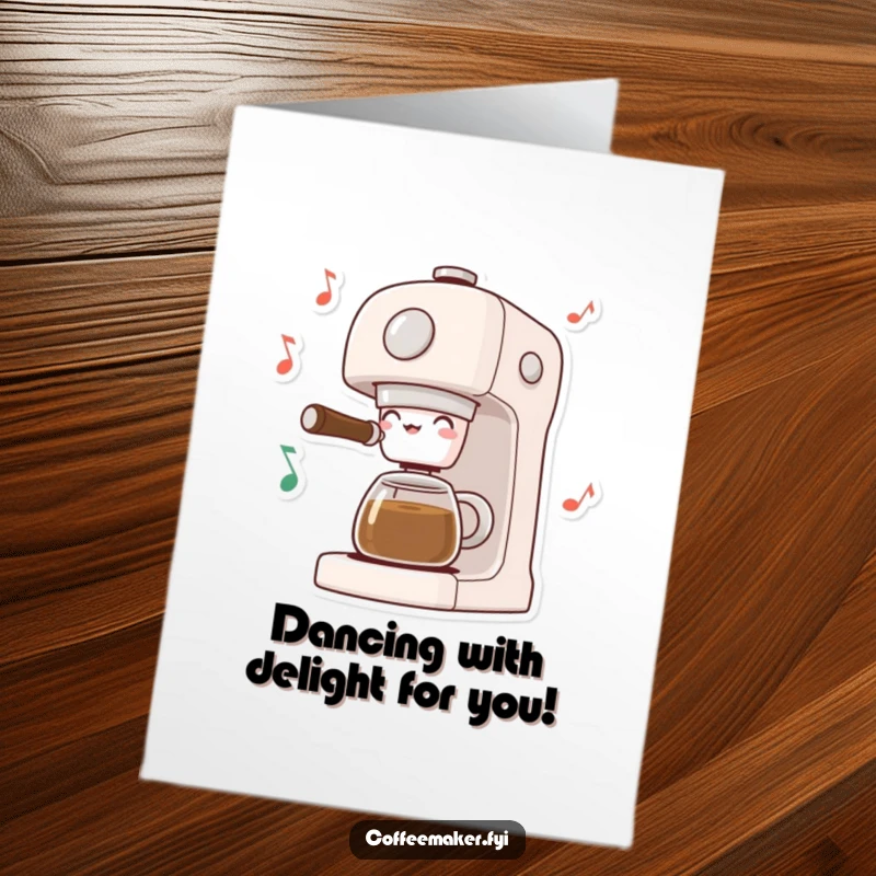 Funny free printable congratulations card: A coffee maker character surrounded by lively dancing musical notes, celebrating a great achievement.