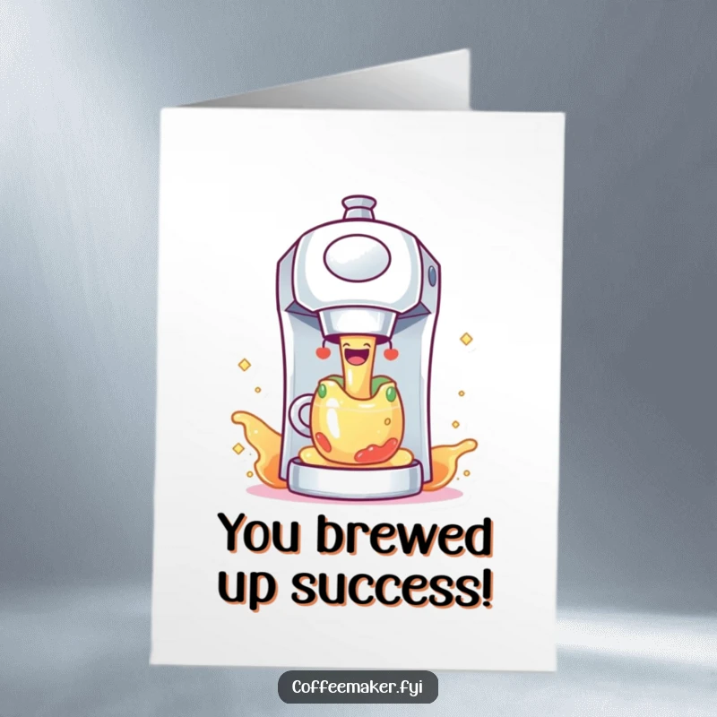 Funny Free Printable Congratulations Card: A joyful coffee maker dispensing a cascade of colorful, sparkling celebratory liquid.
