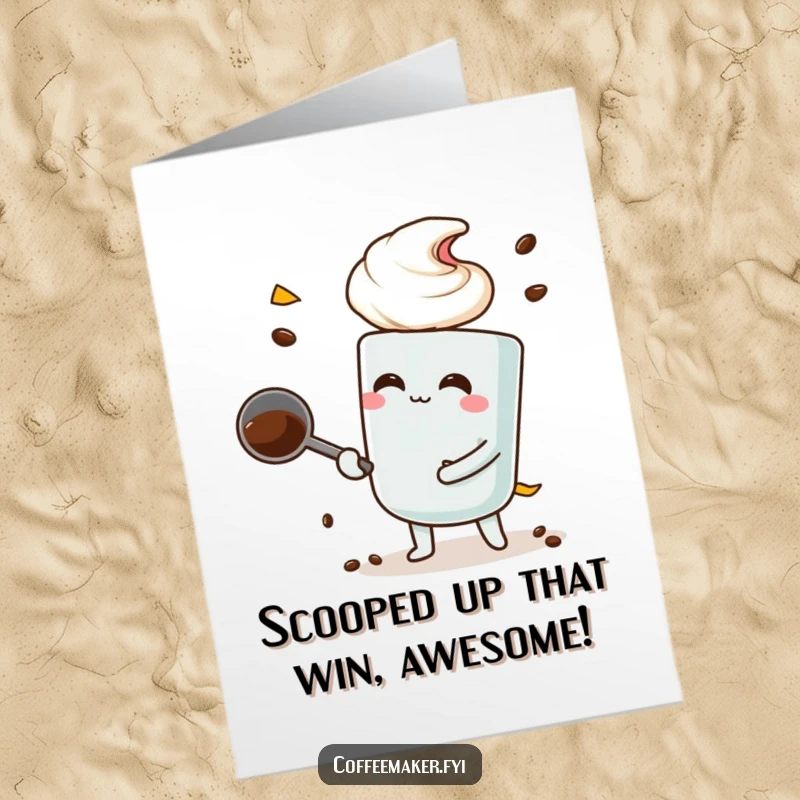 Funny Free Printable Congratulations Card of a coffee scoop character performing an exaggeratedly large scoop, signifying a big win.