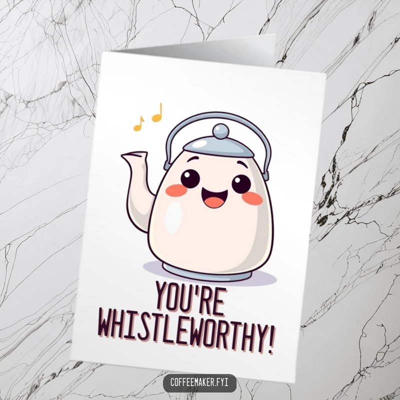 Funny Free Printable Congratulations Card of a happy, grinning kettle whistling a cheerful tune.