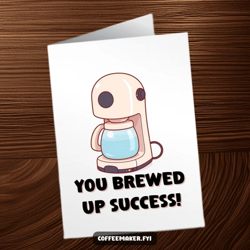 Funny Free Printable Congratulations Card: A tiny coffee maker wiggling its cord like a tail, celebrating achievements with humorous downloadable flair.