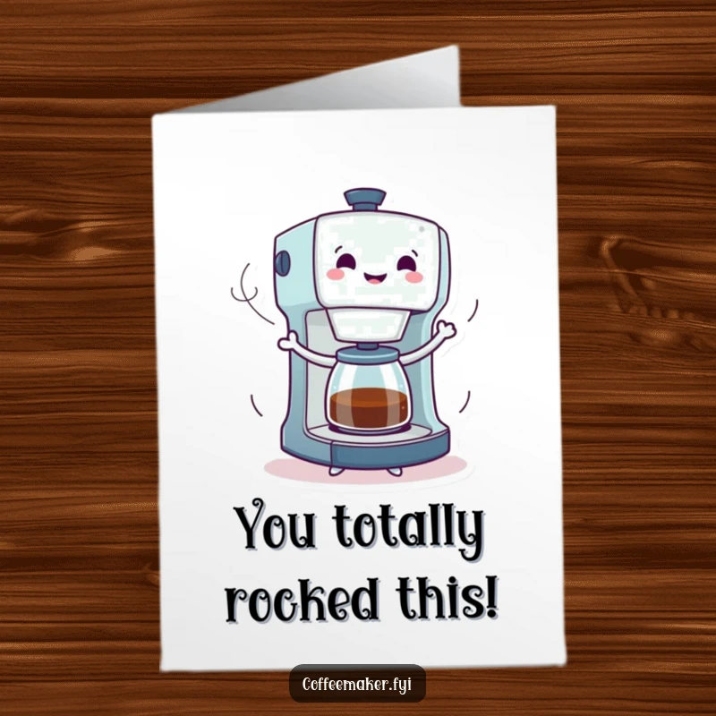 Funny Free Printable Congratulations Card: A coffee maker character enthusiastically dancing, leaving behind playful steam trails.
