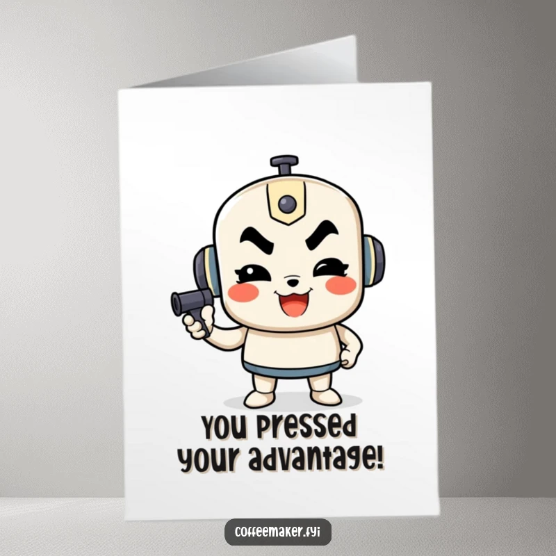 Funny Free Printable congratulations card with a happy French press character pumping determinedly, symbolizing success and achievement.