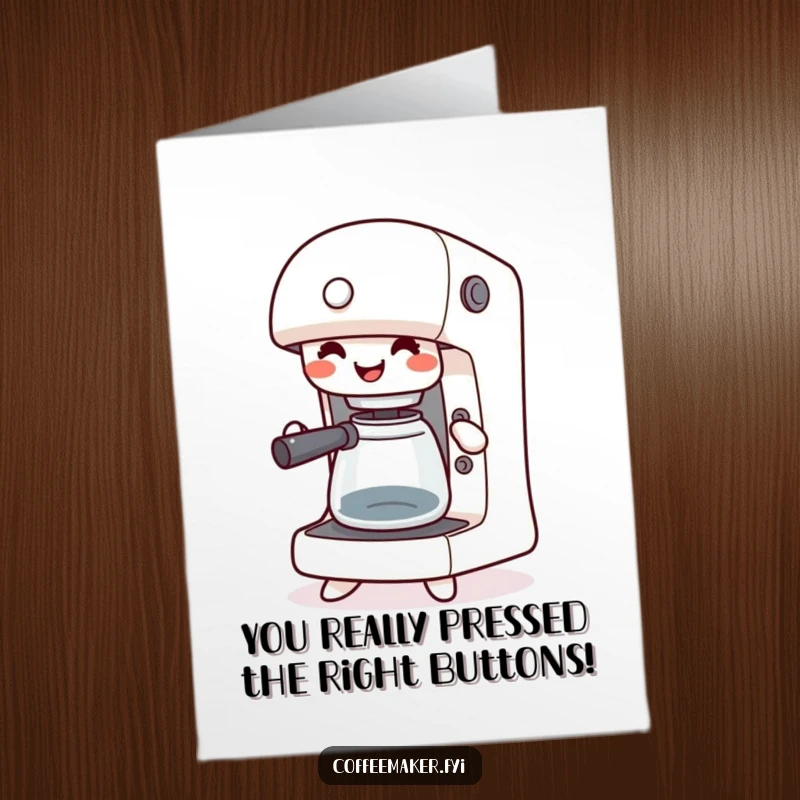 Funny Free Printable Congrats Card: Happy kawaii coffee maker jigging with buttons pressed, celebrating success.