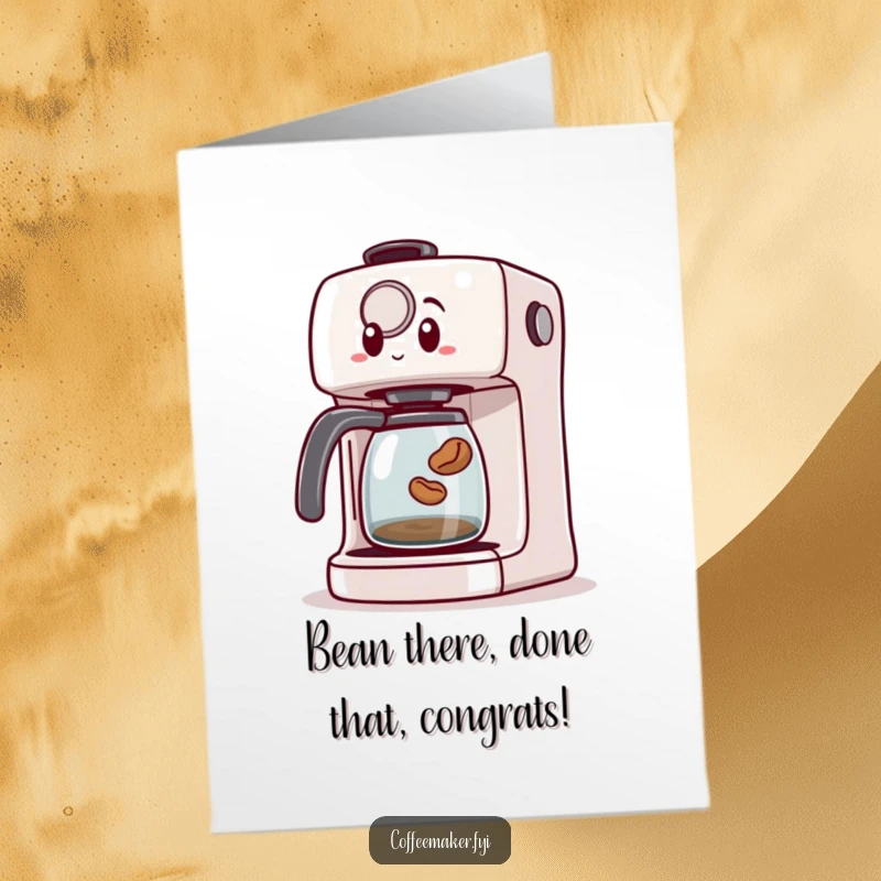 Funny Free Printable Congratulations Card: A surprised coffee maker watches a tiny bean jump out, celebrating success.