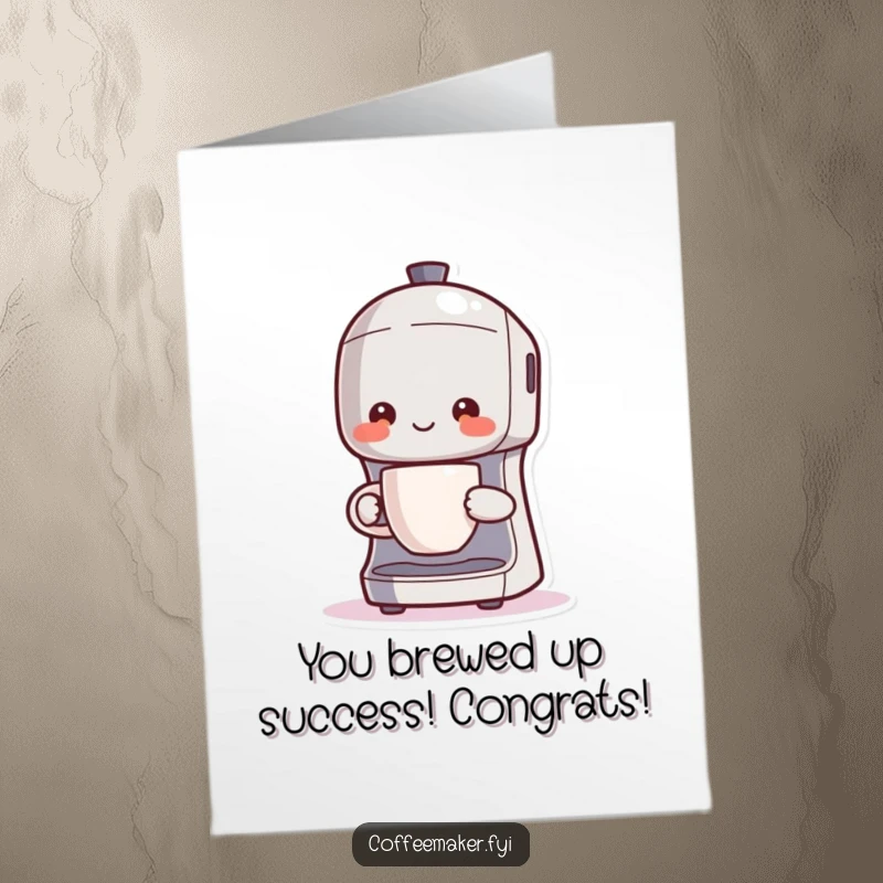 Funny Free Printable Congrats Card: Kawaii coffee maker beams, holding a steaming cup, symbolizing a job well done.
