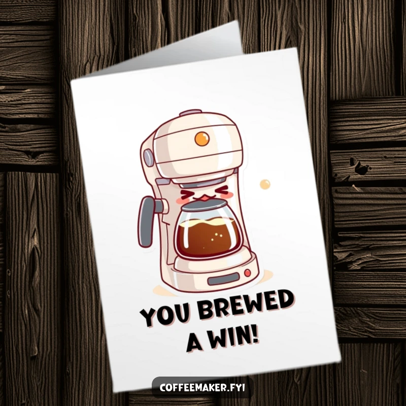 Funny Free Printable Congrats Card: Mischievous kawaii coffee maker winking, brewing a bubbly mixture for congratulations.