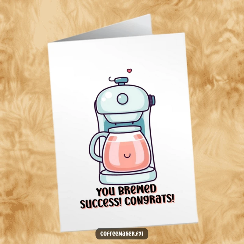 Funny Free Printable Congratulations Card showing a kawaii coffee maker whose steam forms a joyful smiley face.