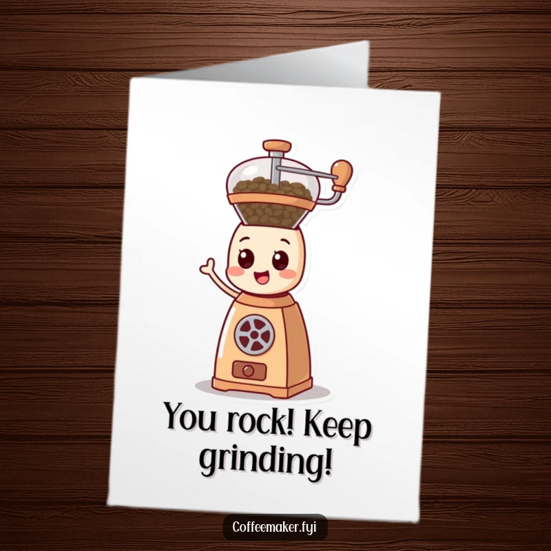 Energetic Free Printable Congratulations Card: Cartoonish coffee grinder character happily spinning its mechanism.