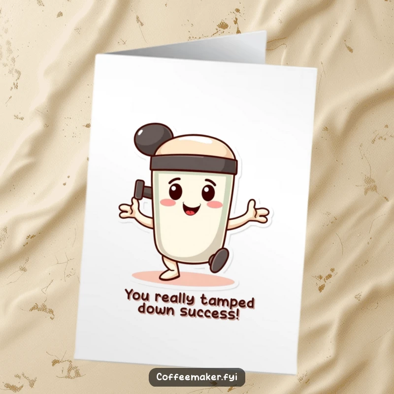 Funny Free Printable Congratulations Card: A smiling coffee tamper character does a determined, stamping dance.