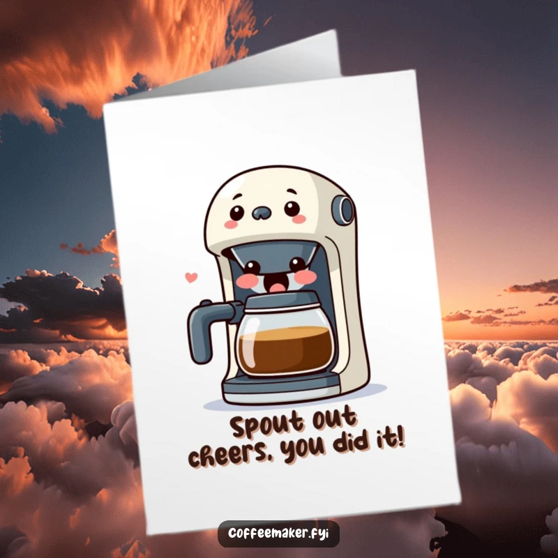 Funny Free Printable Congratulations Card showing a surprised kawaii coffee maker character laughing uncontrollably with its spout wide open.