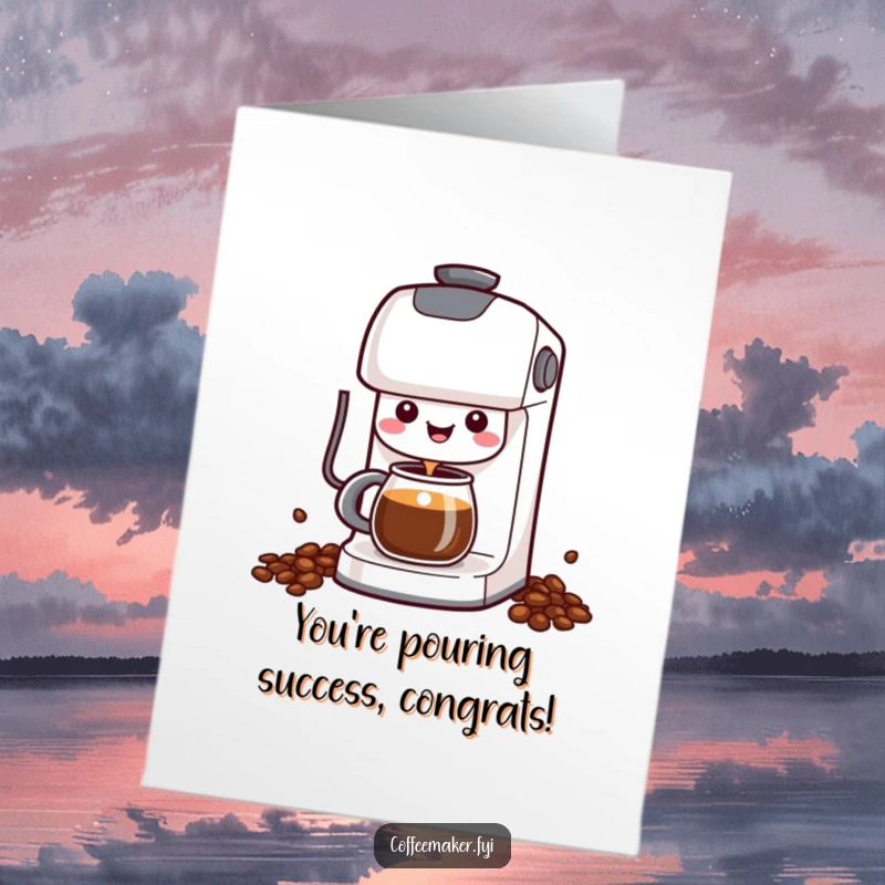 Funny Free Printable Congratulations Card showing a cheerful kawaii coffee maker happily dispensing a stream of coffee for a celebration.