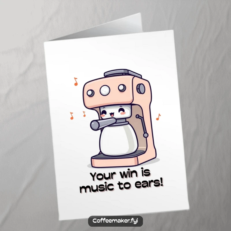 Funny Free Printable Congratulations Card: Coffee maker character comically wiggling its knobs like a conductor.