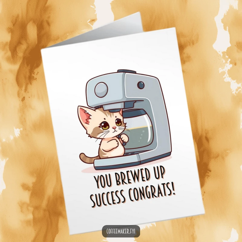 Funny Free Printable Congratulations Card: Small kitten determinedly operates a giant coffee maker, celebrating achievements with coffee.
