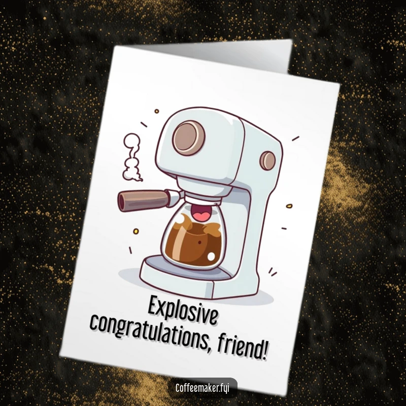 Funny Free Printable Congratulations Card: A coffee maker comically sputtering with excitement, steam bursting playfully to celebrate.