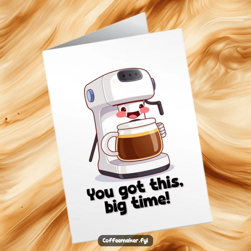 Funny free printable congratulations card. A coffee maker beams with a grin, presenting a giant mug for their big win.