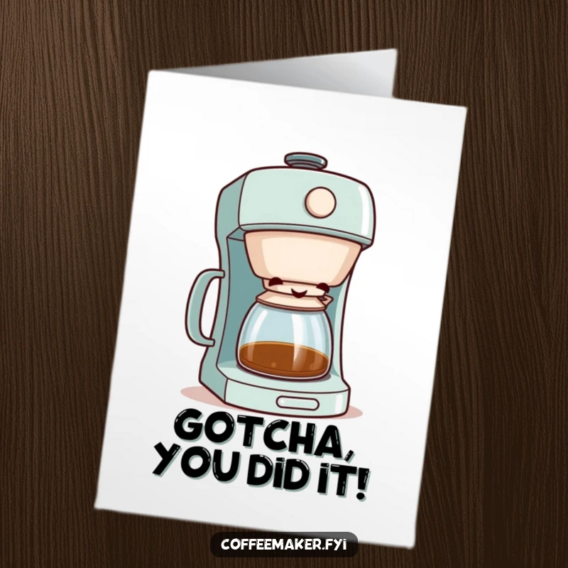 Funny Free Printable Congratulations Card: A coffee maker character peeking out with a mischievous grin from its slightly open lid.