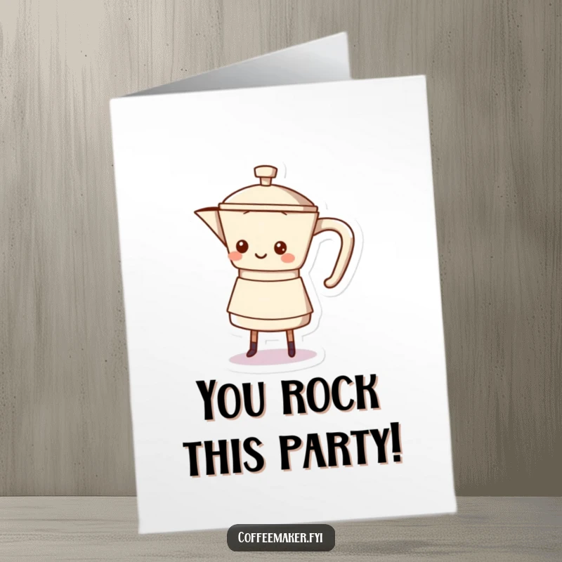 Funny Free Printable Congratulations Card: A beaming coffee pot is doing a happy little shuffle on its base, celebrating good news.