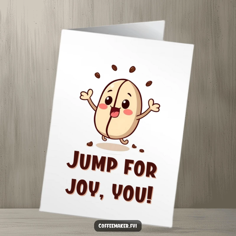 Funny Free Printable congratulations card featuring an adorable kawaii coffee bean character bouncing with pure exhilaration.