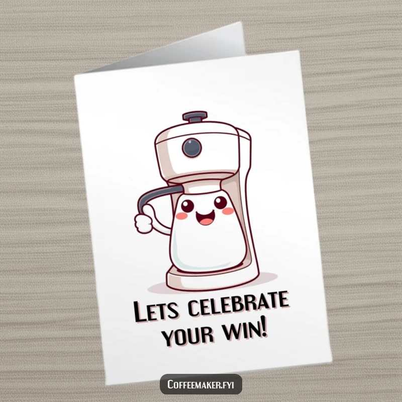 Funny Free Printable Congrats Card: Kawaii coffee maker uses its handle for a friendly welcome, celebrating your success.