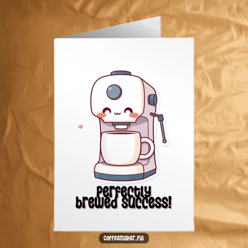Funny Free Printable Congratulations Card: Coffee maker character showing delighted surprise at a perfectly brewed coffee cup.