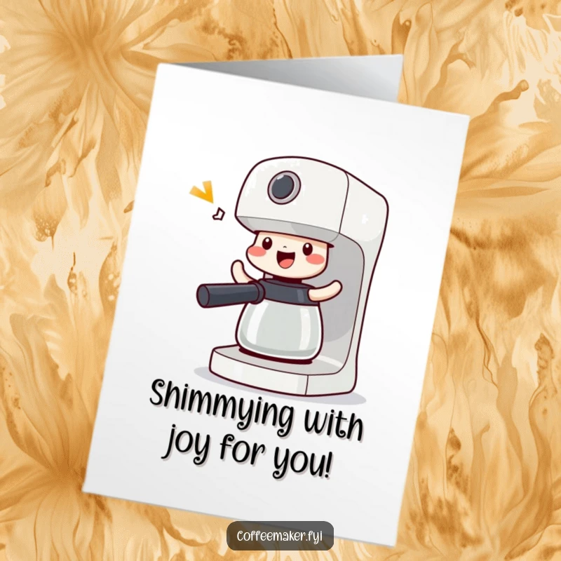Funny free printable congratulations card: A coffee maker character doing a celebratory shimmy, its body wiggling with sheer delight.