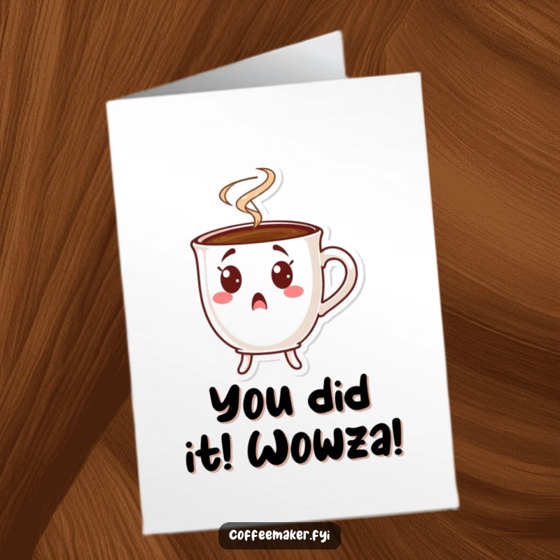 Funny Free Printable Congratulations Card: A coffee cup looks utterly surprised as steam jets out, conveying shock.