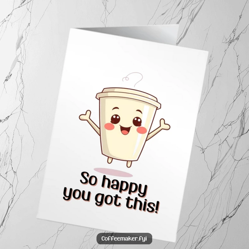 Funny Free Printable Congrats Card featuring a giggling kawaii coffee cup jumping with glee, ideal for any milestone.