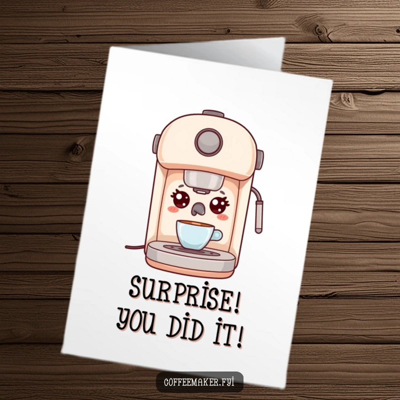 Funny Free Printable Congrats Card of a surprised kawaii espresso machine with wide eyes, celebrating an achievement with humor.