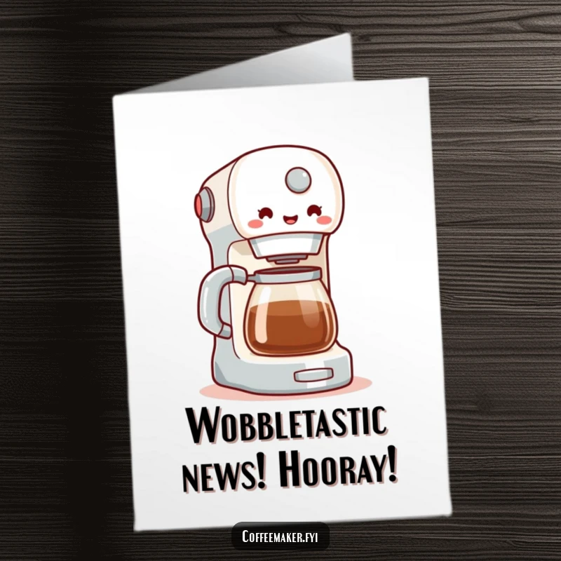 Funny free printable congratulations card showcasing a coffee maker doing a happy little wobble, celebrating your awesome achievement.