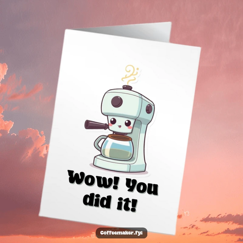 Funny free printable congratulations card: A coffee maker character looking utterly surprised with steam puffing wildly from its spout.