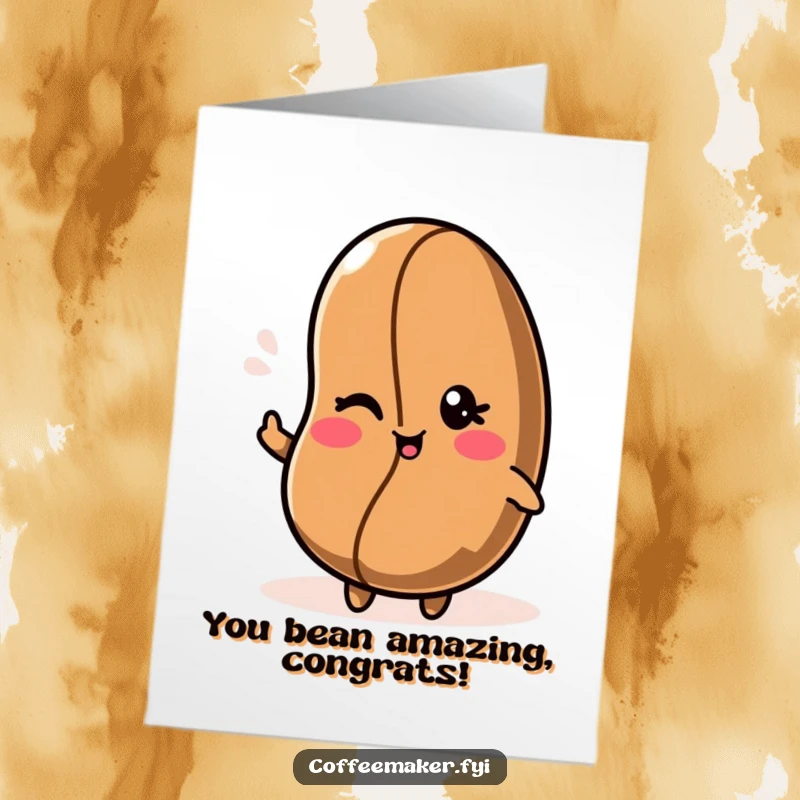 Funny Free Printable Congrats Card: Kawaii coffee bean character giving a sly wink, excellent for DIY gifts.