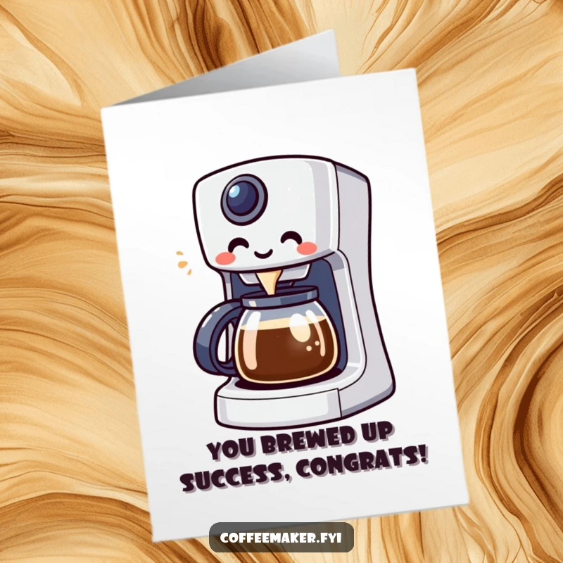 Funny Free Printable Congratulations Card showing a Kawaii coffee maker pouring a congratulatory beverage, perfect for any achievement.