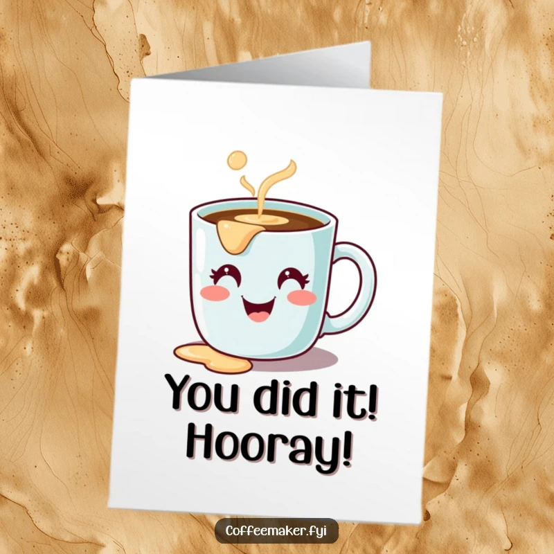 Funny Free Printable congratulations card showcasing a happy coffee mug character in a messy spill.